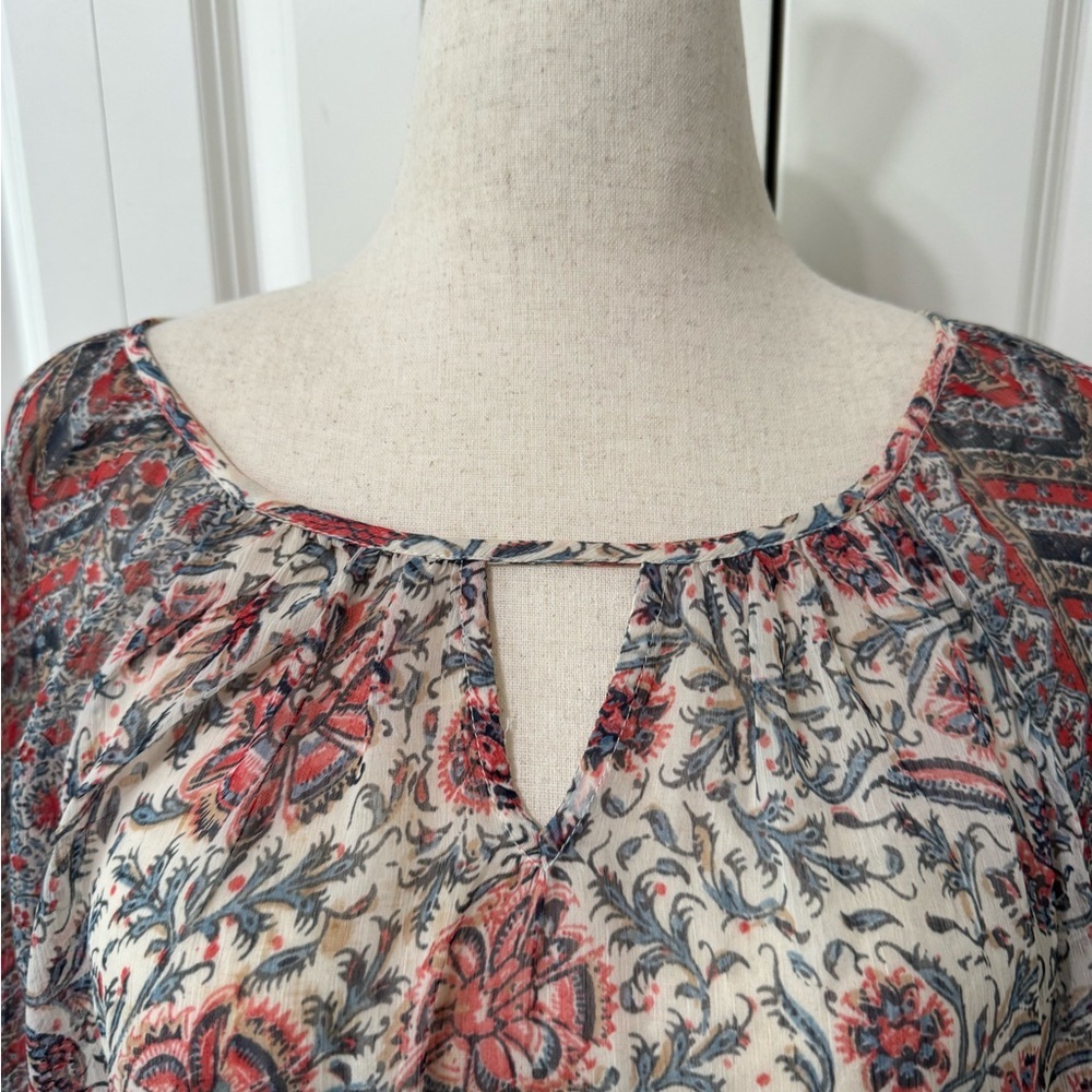 Lucky Brand Coral and Blue Long Sleeve Cut Out Blouse - Picture 4 of 8